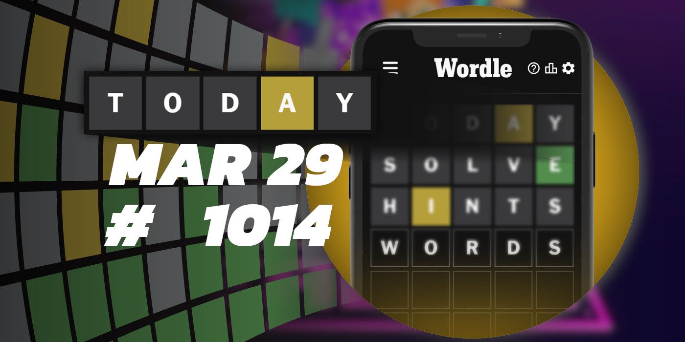 March 29 2024 Wordle hints and answer (puzzle 1014) with a Minecraft Realms poster in the background