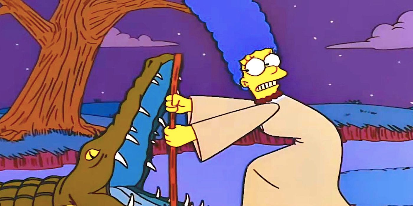 Marge jams a stick in an alligator's open mouth in The Simpsons S9 E13