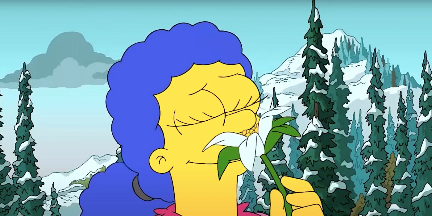 Marge smells a flower in a snowy meadow in The Simpsons season 33 episode 13