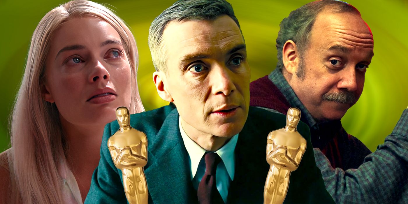 Margot Robbie crying in Barbie, Cillian Murphy talking in Oppenheimer and Paul Giamatti looking to the side in The Holdovers Oscars header