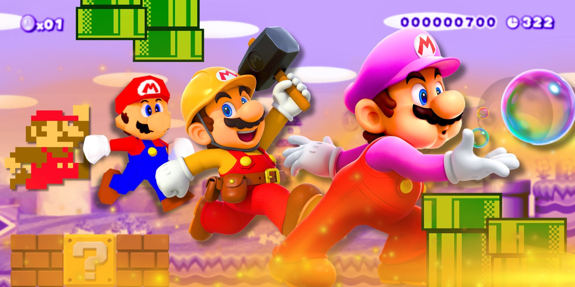 Multiple versions of Mario pictured progressively larger from left to right.