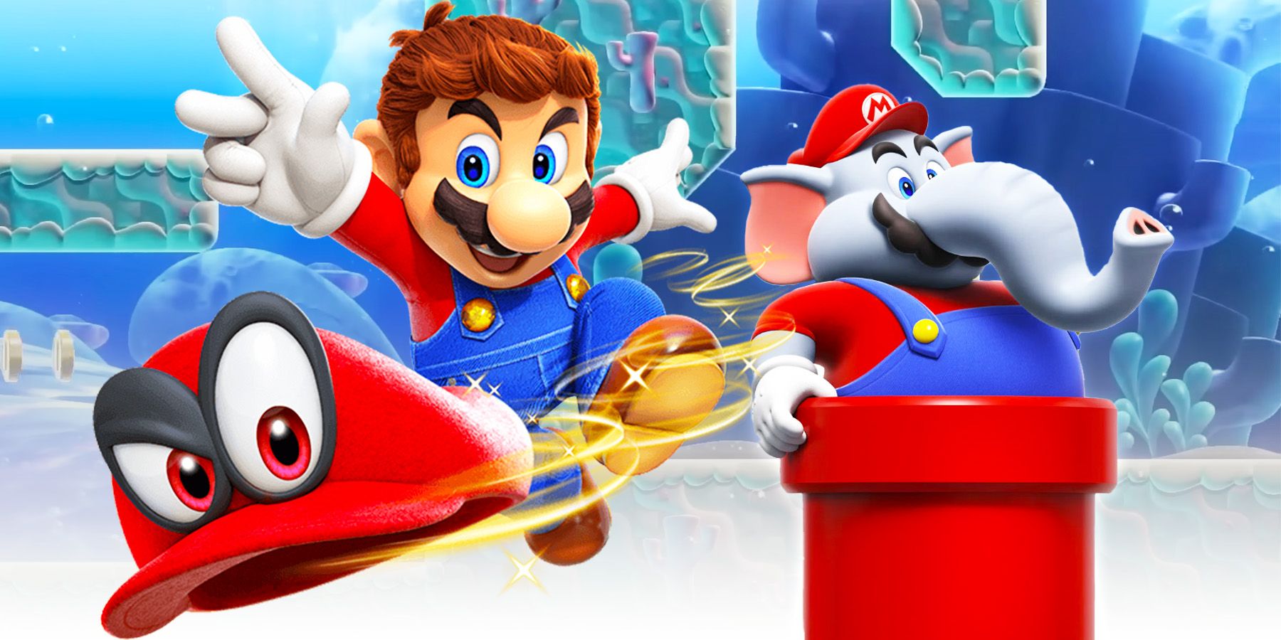 Elephant Mario From Super Mario Bros. Wonder Emerges From A Pipe, And Mario And Cappy From Super Mario Odyssey Spring Into Action.
