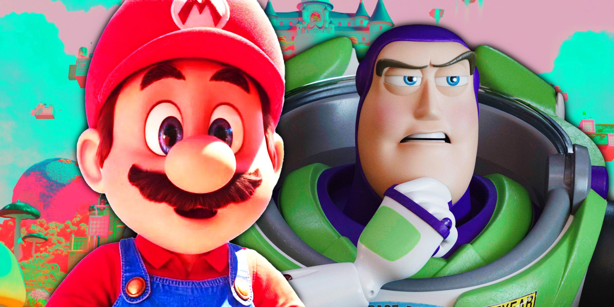 Mario from the 2023 movie with Buzz Lightyear from Toy Story 4