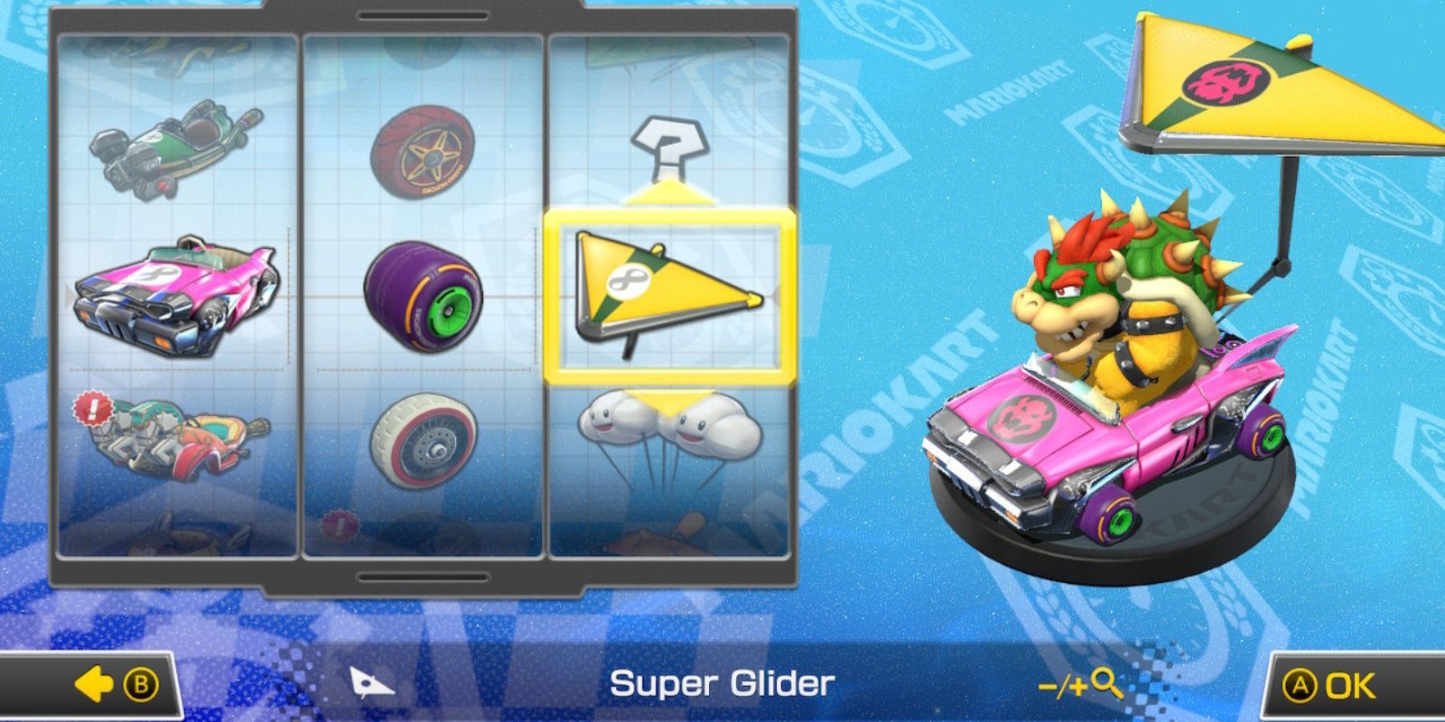 Mario Kart Bowser Badwagon Kart Cyber Slick Tires and Super Glider