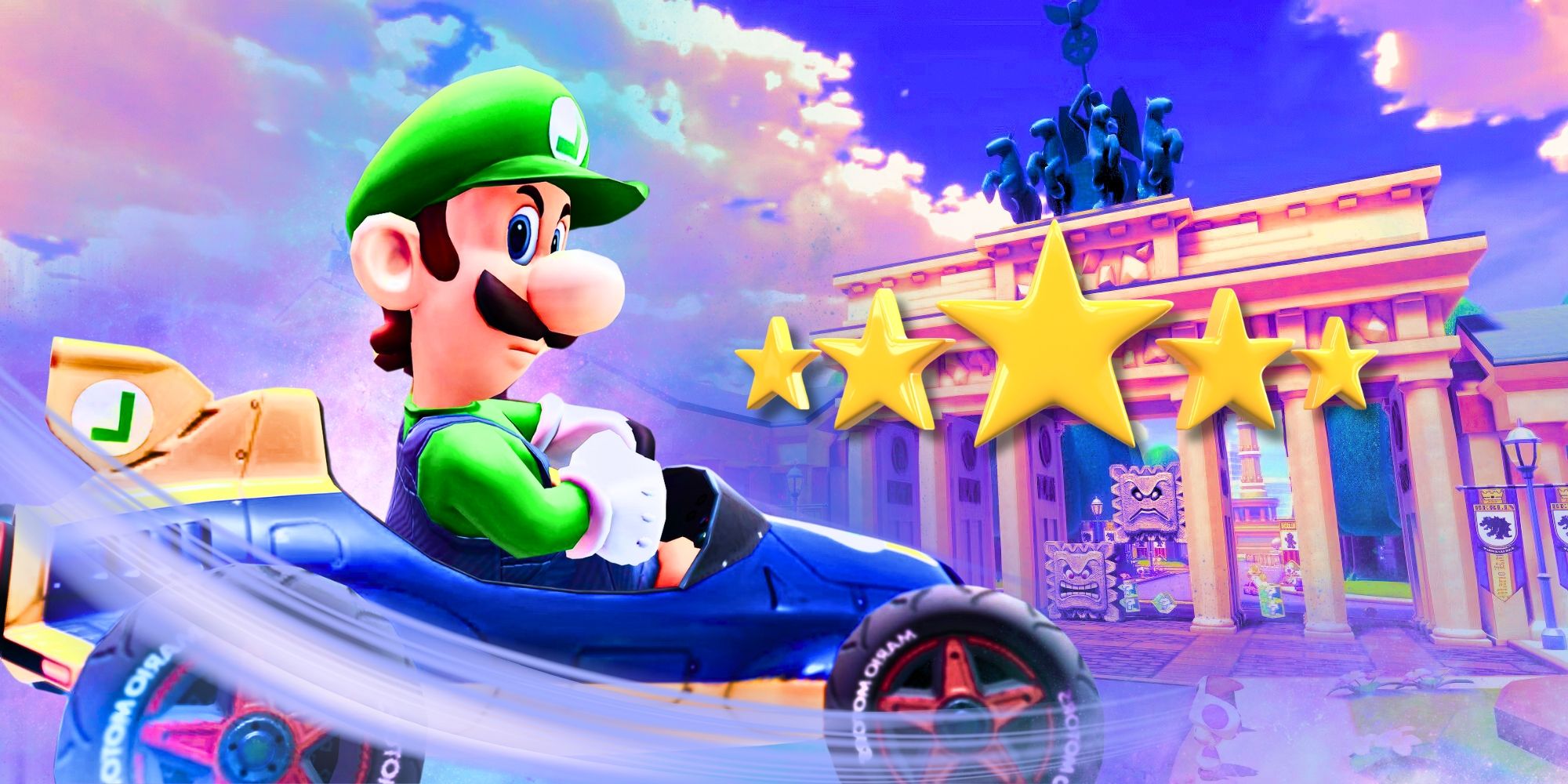 Luigi from Mario Kart with the Berlin Byways track as a background and 5 gold stars.