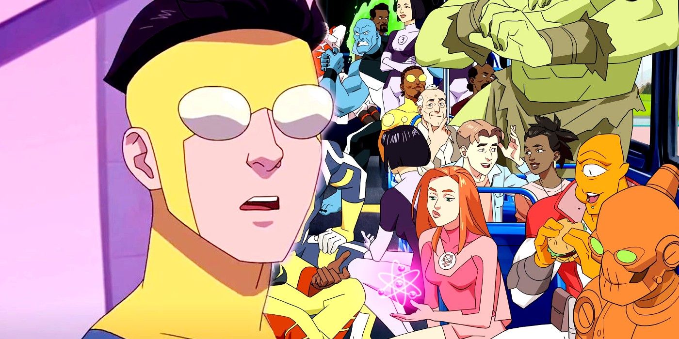 Mark Grayson looking shocked while other superheroes are in the bus in Invincible