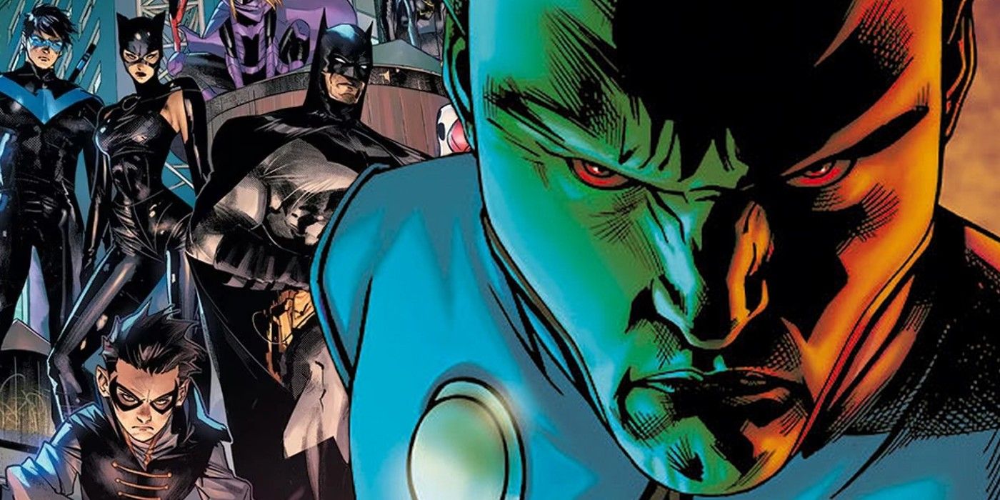 martian manhunter looking angry in the foreground with the batman family behind him