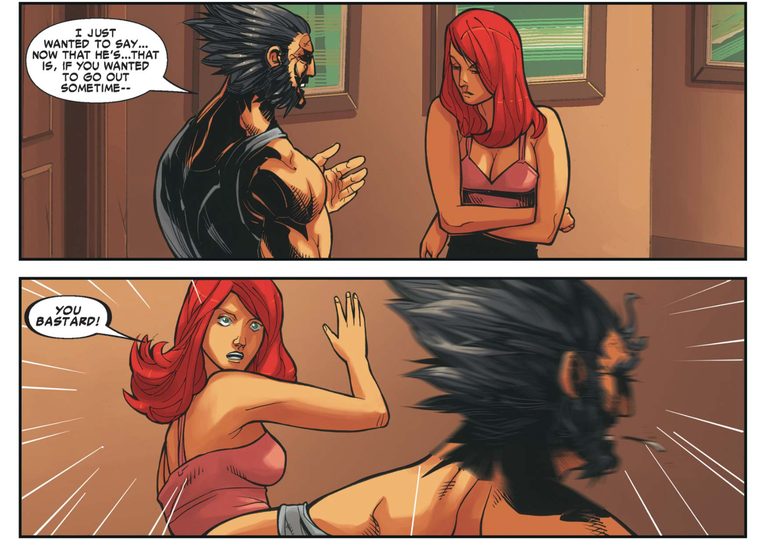 Wolverine pergunta a Mary Jane se ela quer sair algum dia.  Mary Jane dá um tapa nele e o chama de bastardo.
