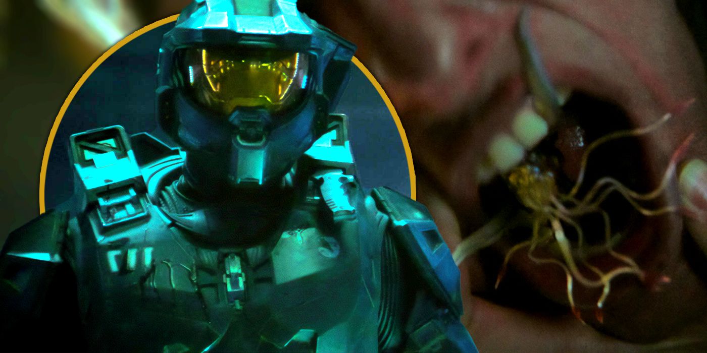 Master Chief looking at a Flood parasite coming out of someone's mouth in Halo season 2 Exclusive header