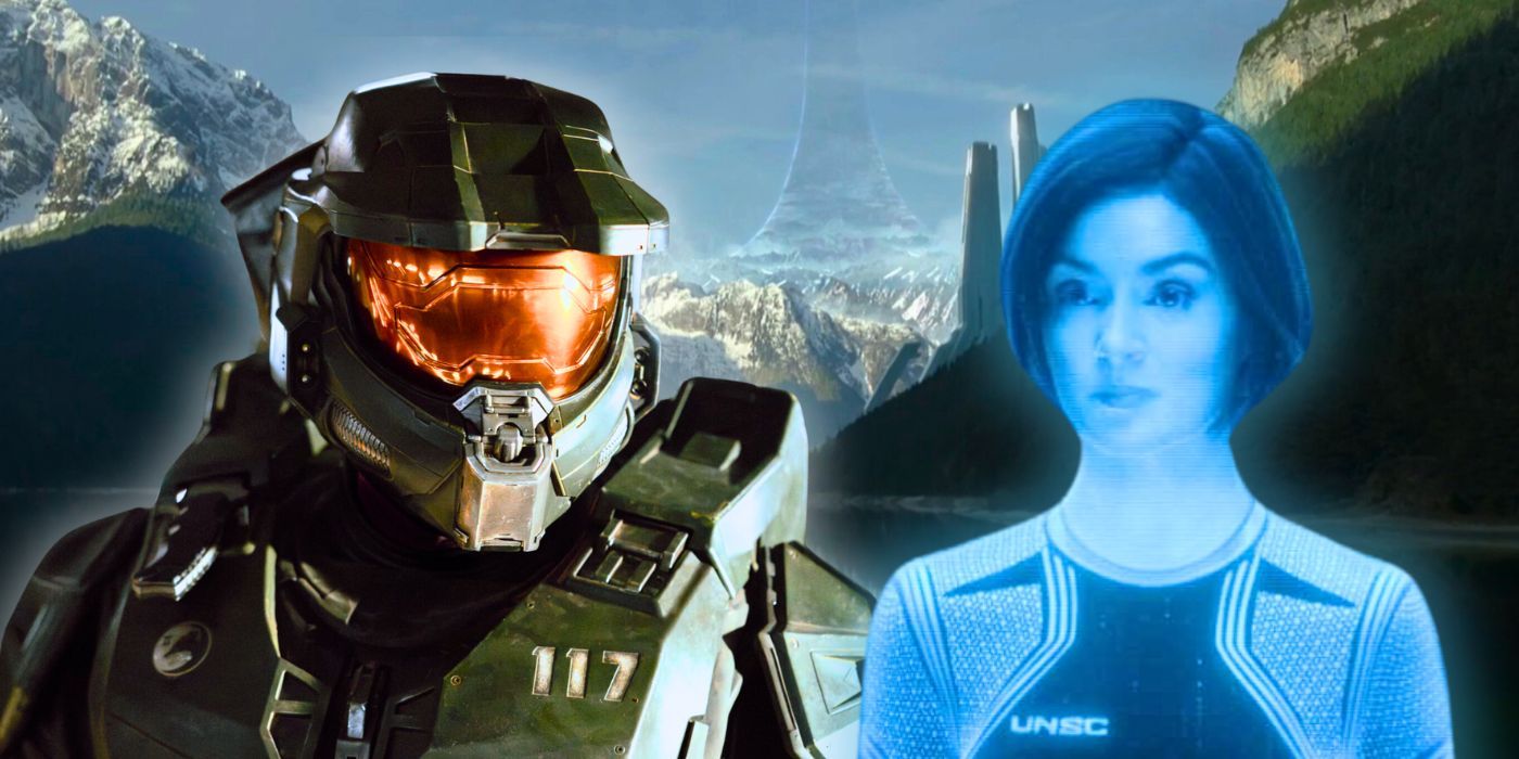 Master Chief (Pablo Schreiber) and Cortana (Christina Bennington) on the ring world in the Halo season 2 finale