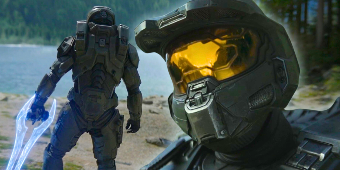 Master Chief (Pablo Schreiber) in the Halo season 2 finale closeup in his helmet and holding an energy sword