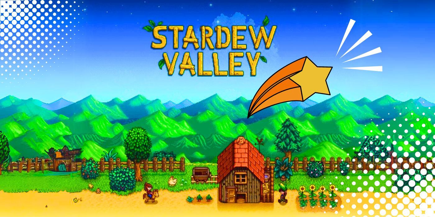 A screenshot of the Stardew Valley promo screen with a shooting star near the logo.