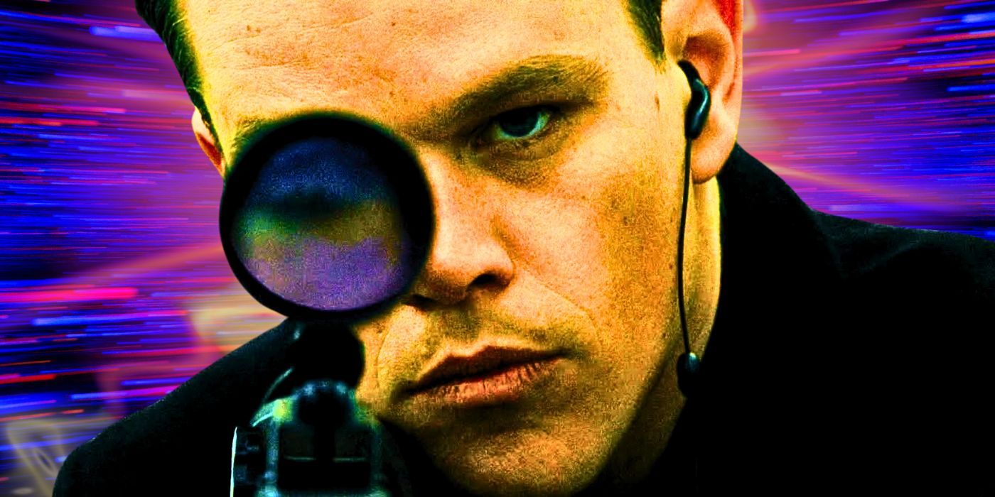 Matt Damon as Jason Bourne holding a gun in one of the movies