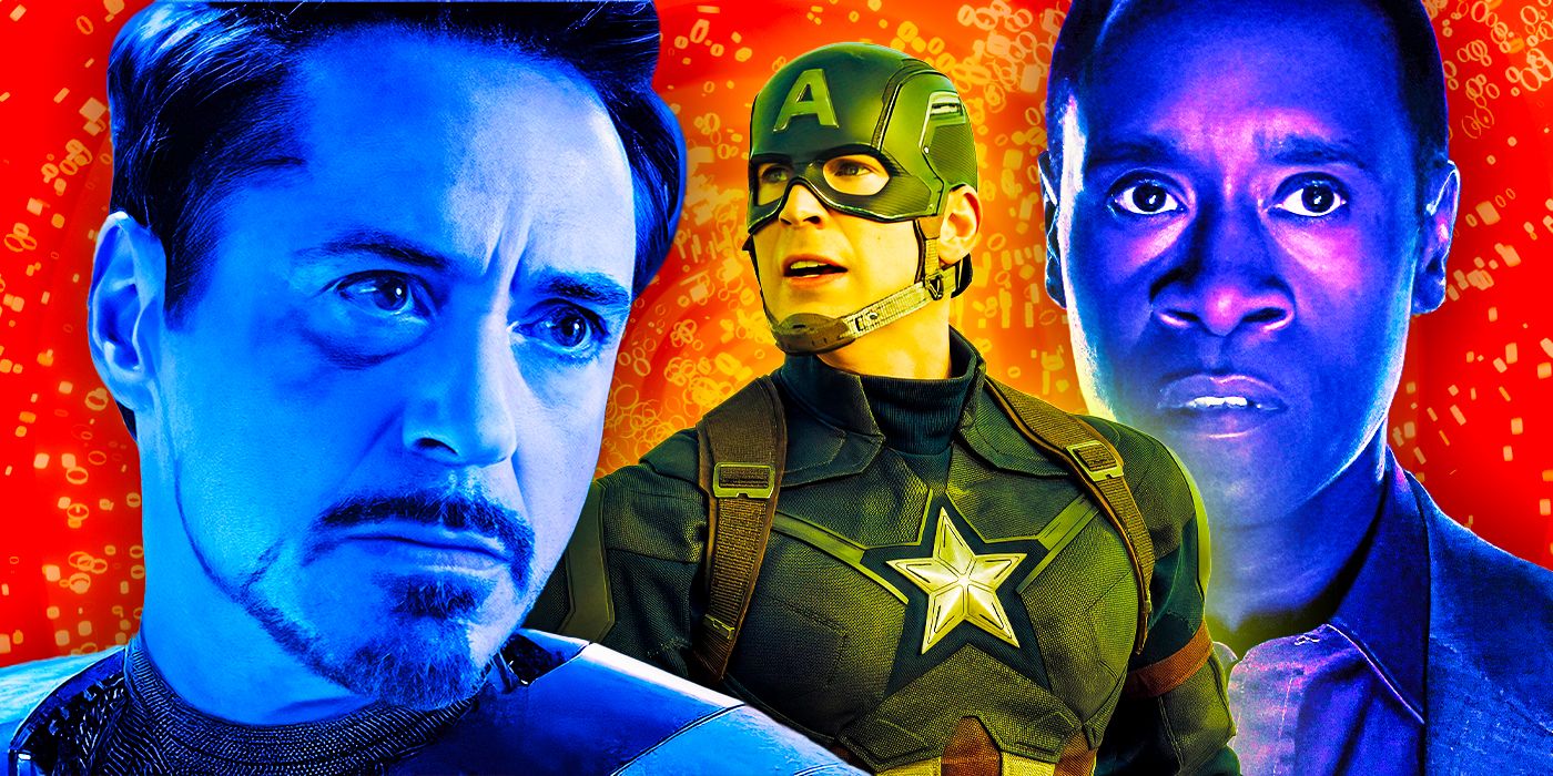 MCU angry Tony Stark next to Captain America and angry Rhodey