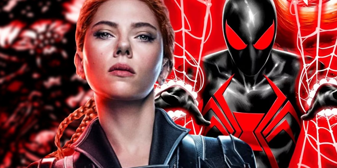 mcu black widow with her comic symbiote form behind her and blurred spiders behind that