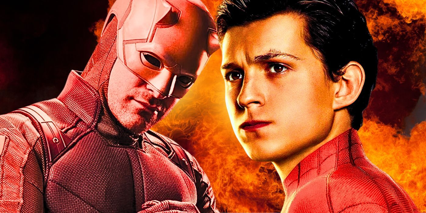 Split image of Matt Murdock in his costume and Peter Parker with his mask off on a background of fire in the MCU.