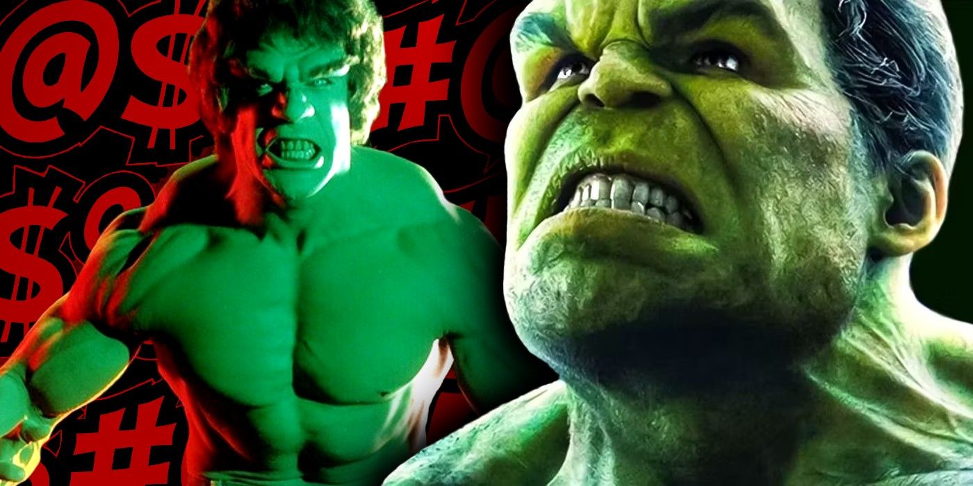 mcu's hulk in foreground with Lou Ferrigno's 70s hulk behind him, and behind that grawlix in red letters