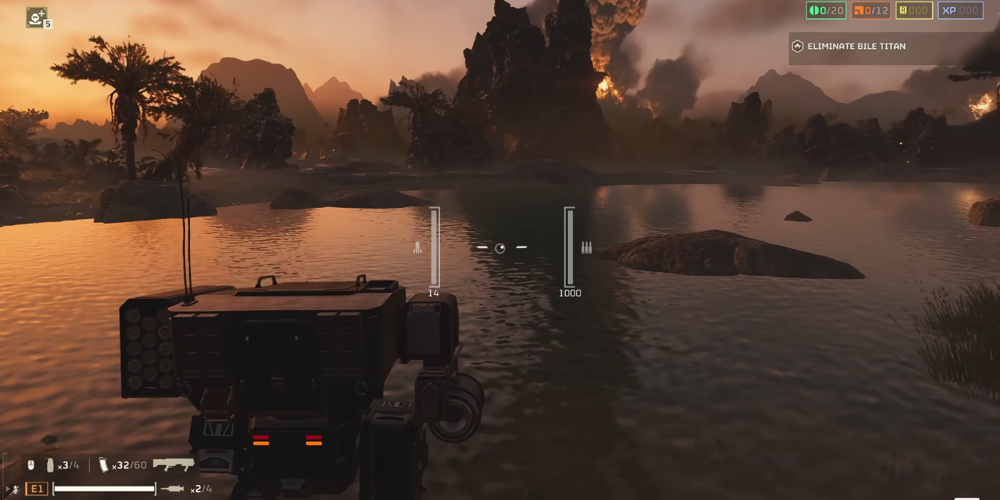 Player using Mech suit to travel through water in Helldivers 2.
