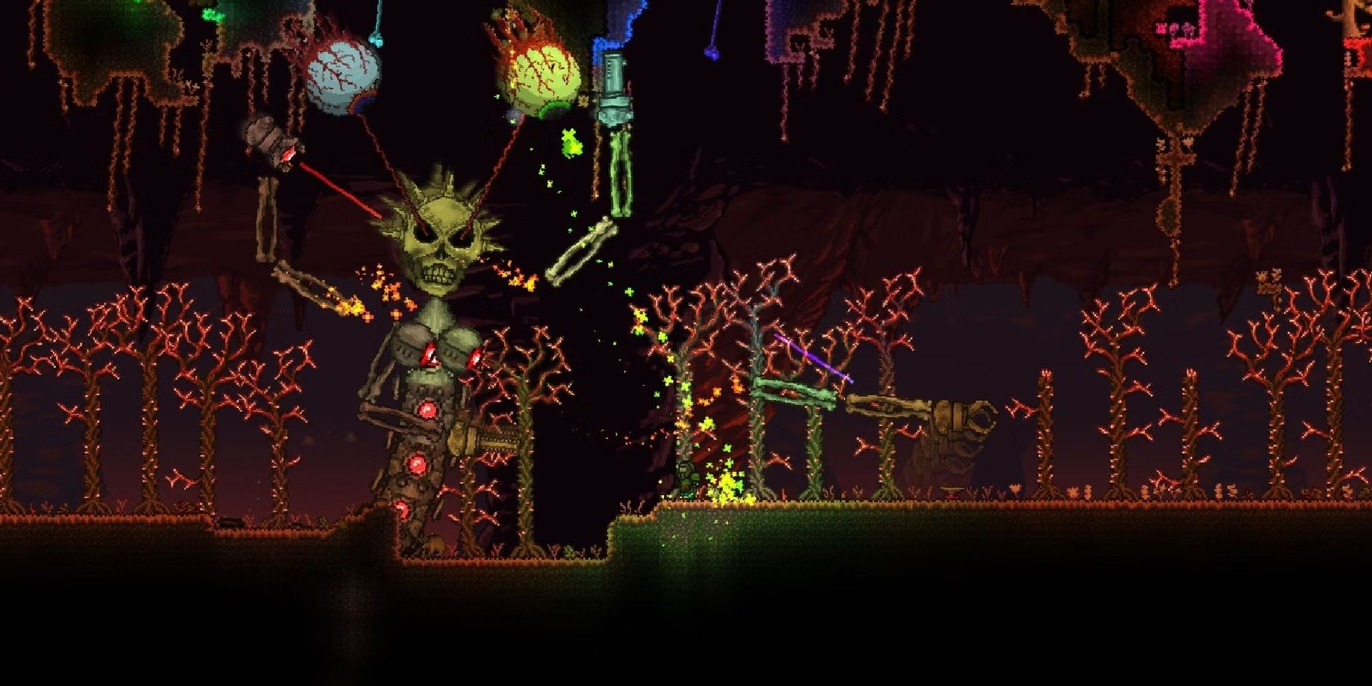 The player battles Mechdusa, the mechanical boss unique to the Everything seed in Terraria.