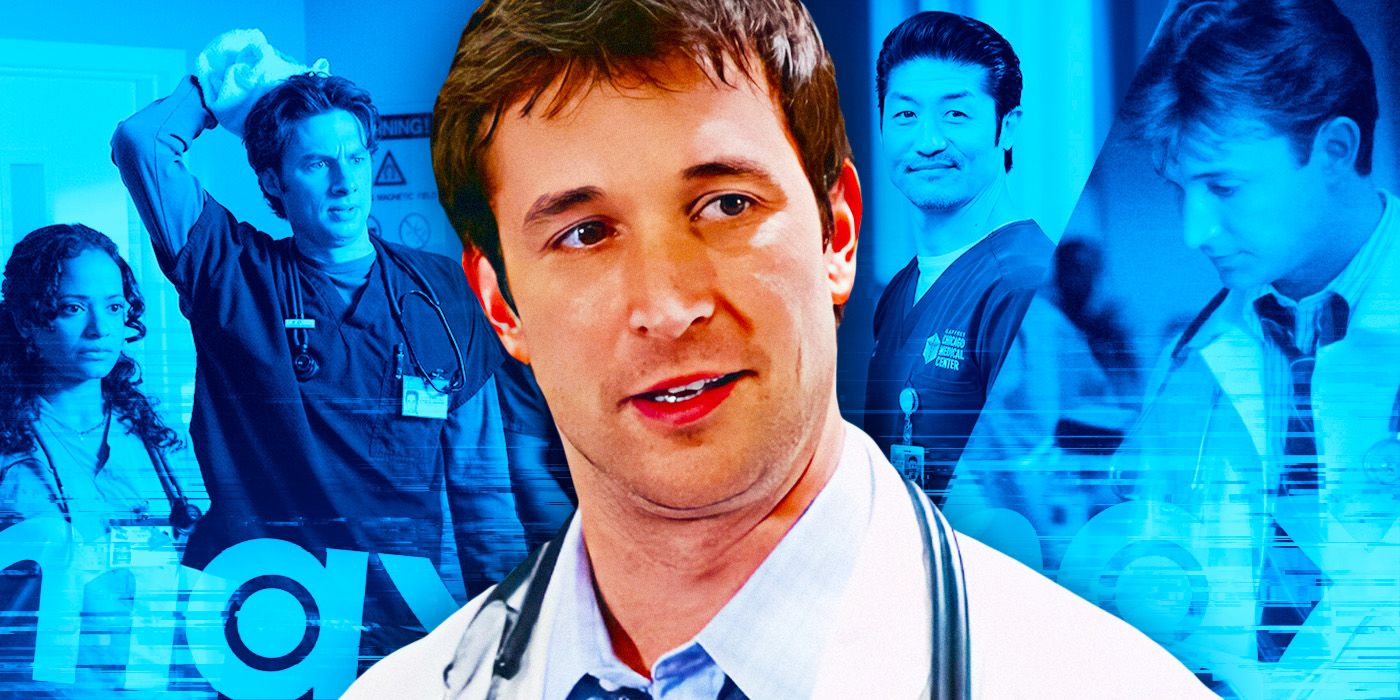 Noah Wyle as John Carter in ER in front of images from Scrubs, Chicago Med, and ER.