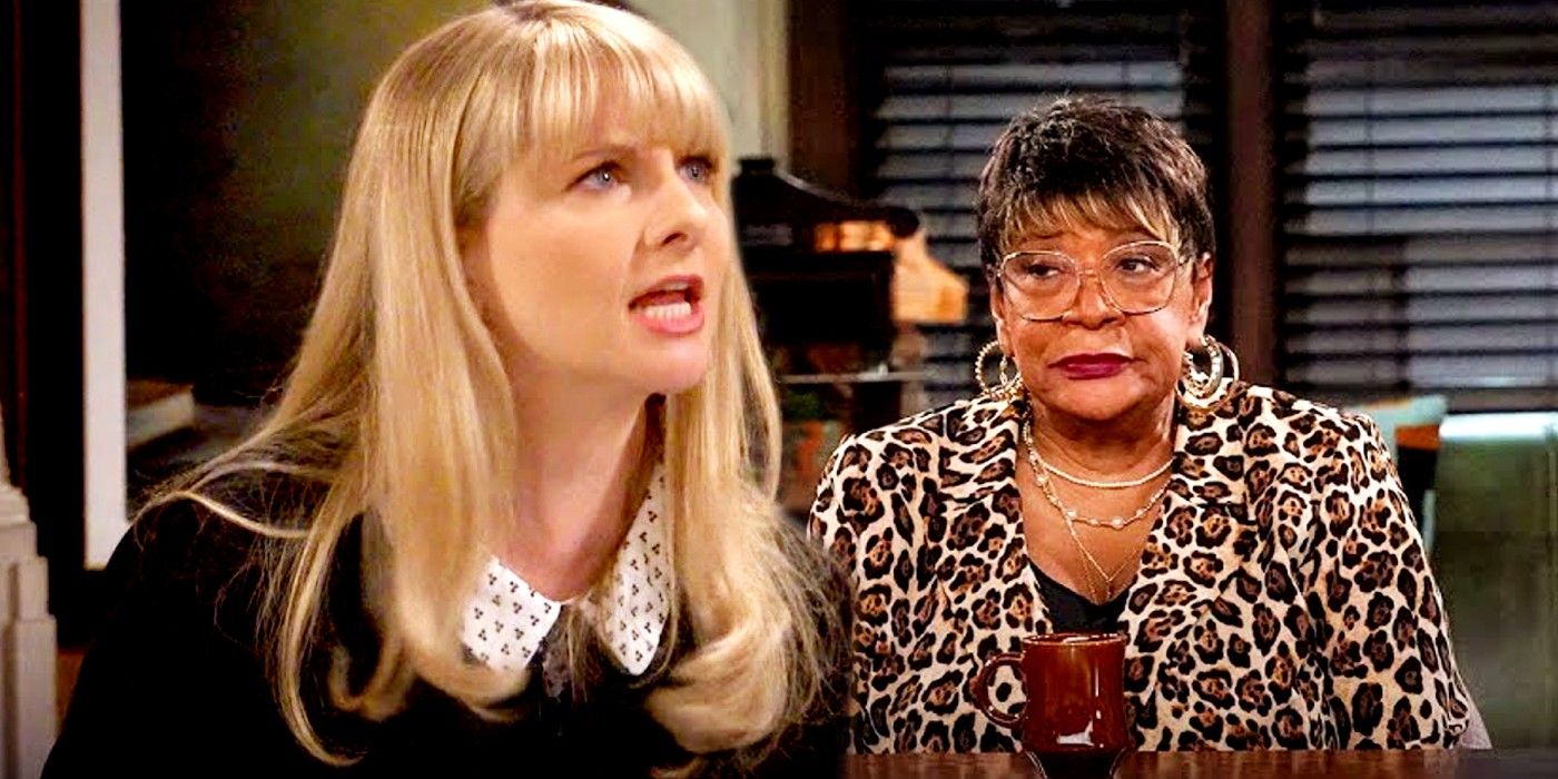 Melissa Rauch as Abby showing a strong reaction at a court while Roz looks tired in Night Court