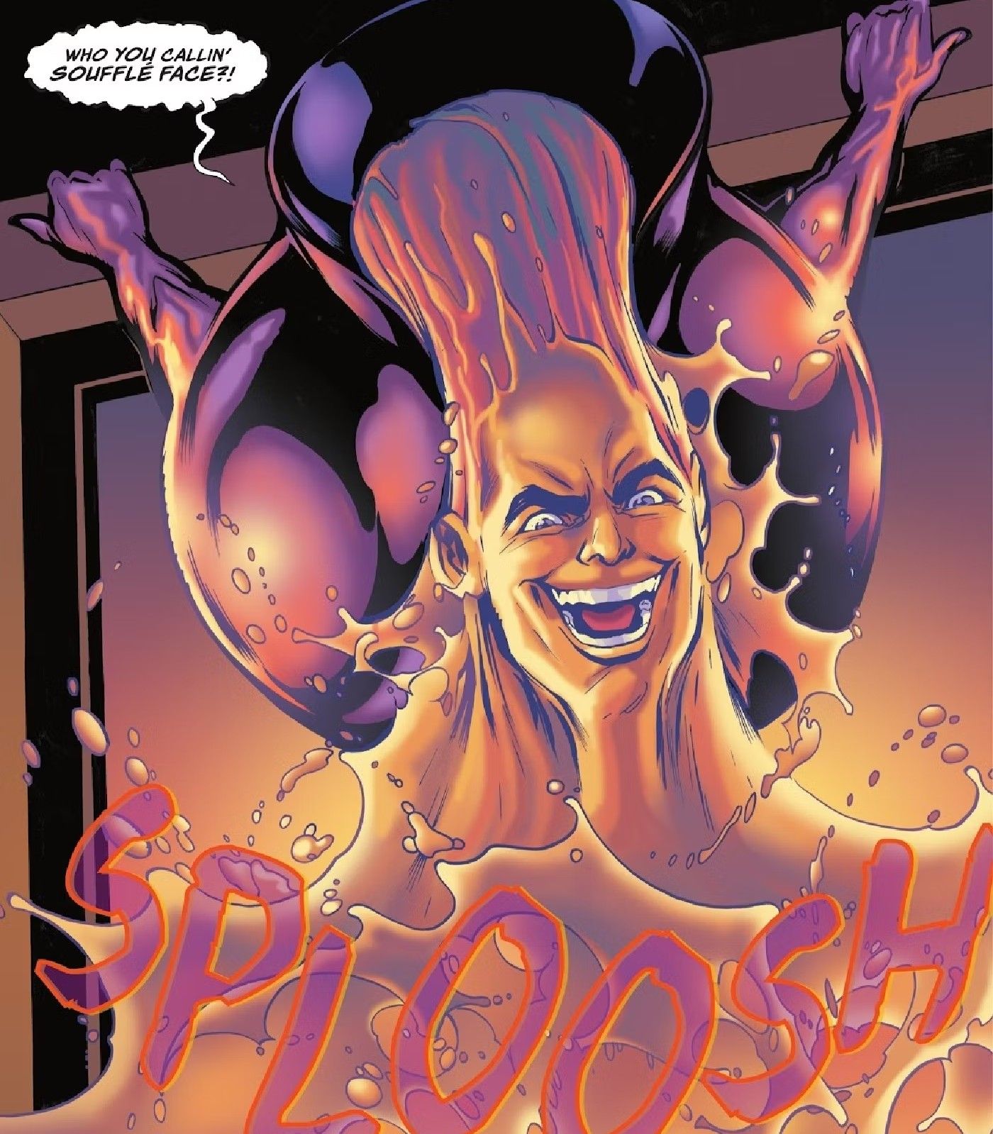 metamorpho becomes a gigantic jug of water, pouring himself on someone as a prank