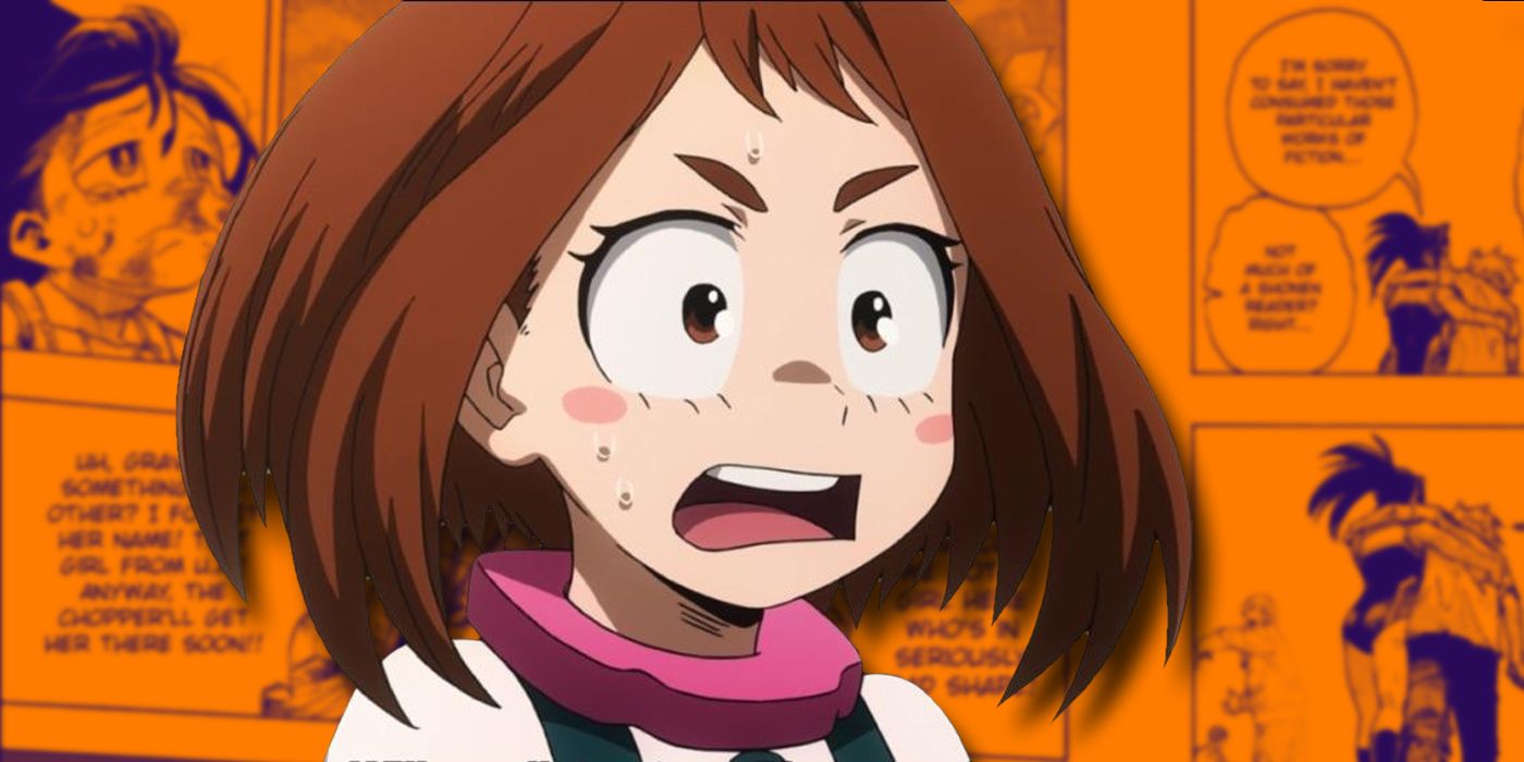 My Hero Academia: Ochaco's surprised face in front of manga panels.