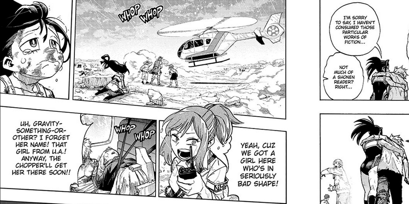 Painéis de mangá retratando um helicóptero pousando e recolhendo o corpo de Ochaco Uraraka para transporte médico de emergência.