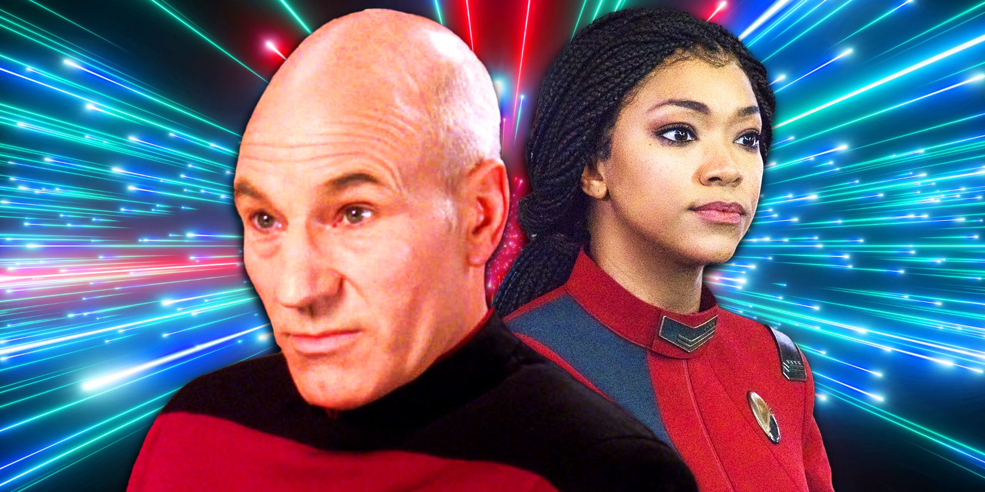 Michael Burnham (Sonequa Martin-Green) from Star Trek: Discovery and Jean-Luc Picard (Partrick Stewart) from Star Trek: The Next Generation on a star field background.