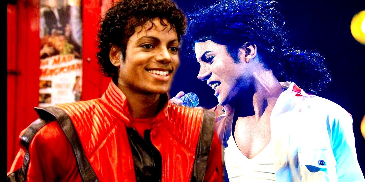 Michael Jackson in his red Thriller outfit smiling and Jaafar Jackson singing in Michael