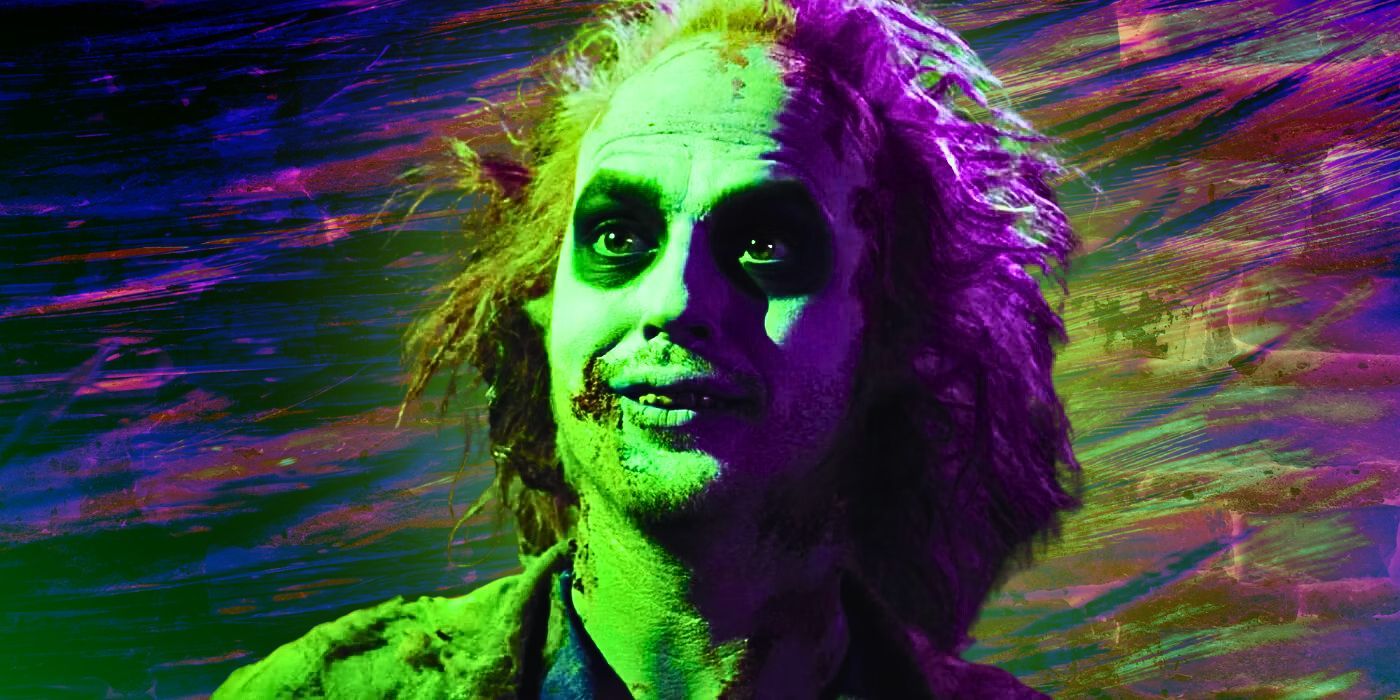 Michael Keaton as Beetlejuice with a colorful background