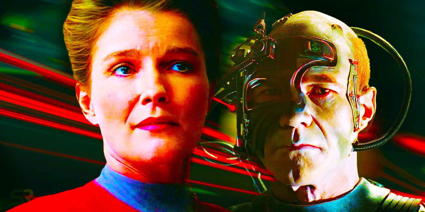 Captain Janeway (Kate Mulgrew) and Locutus of Borg (Patrick Stewart) from Star Trek: Voyager and Star Trek: The Next Generation stand together on a dark background.