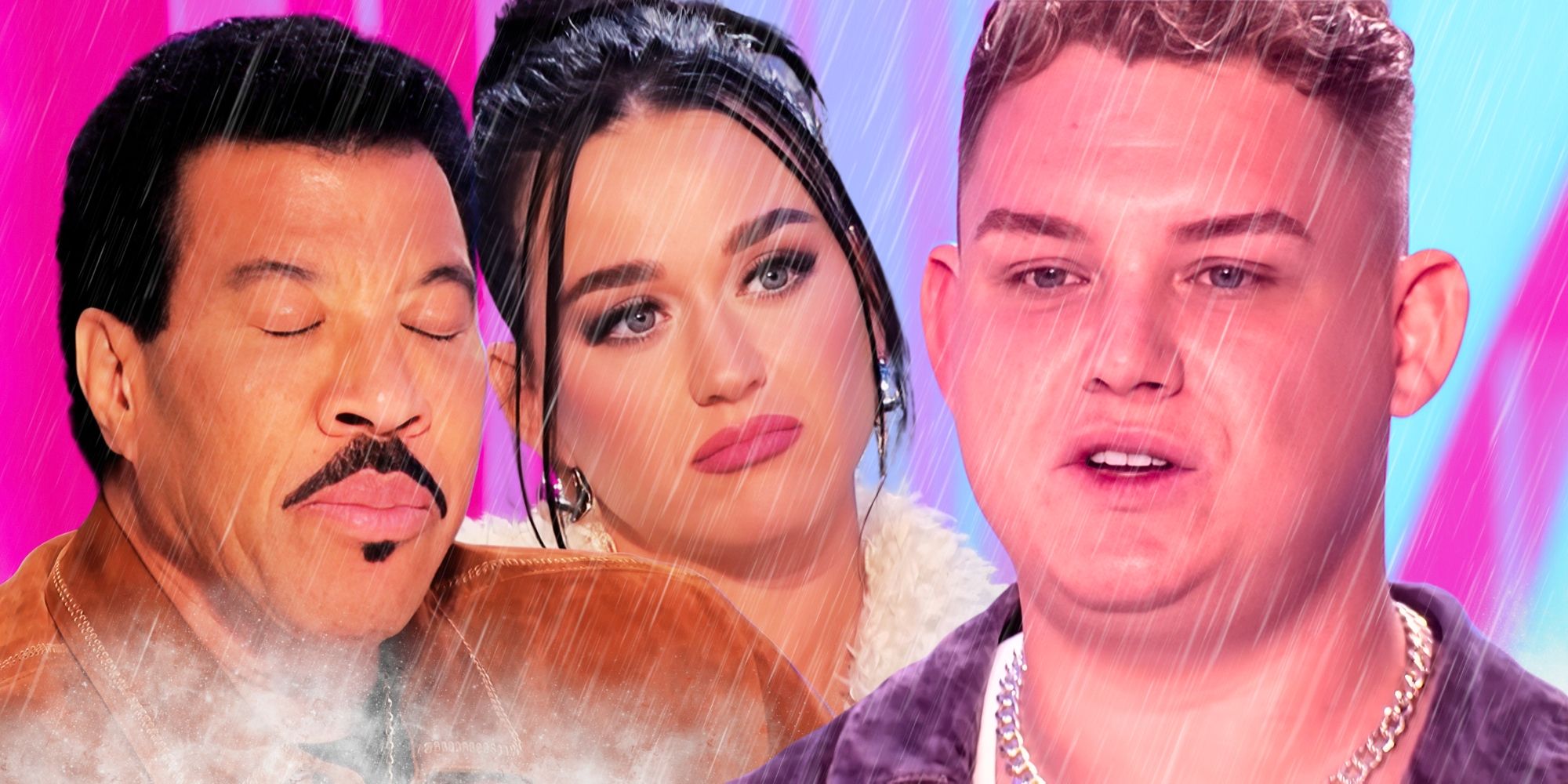 American Idol&rsquo;s Lionel Richie with his eyes closed, Katy Perry looking sad and Michael Rice with his mouth slightly open, with a rain filter in front of them