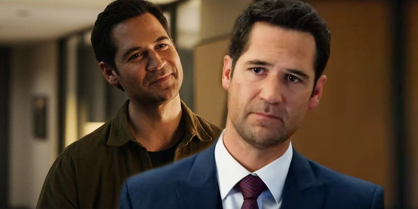 Manuel Garcia-Rulfo as Mickey Haller smiling in casual clothes and Mickey Haller looking serious in a suit in The Lincoln Lawyer season 2