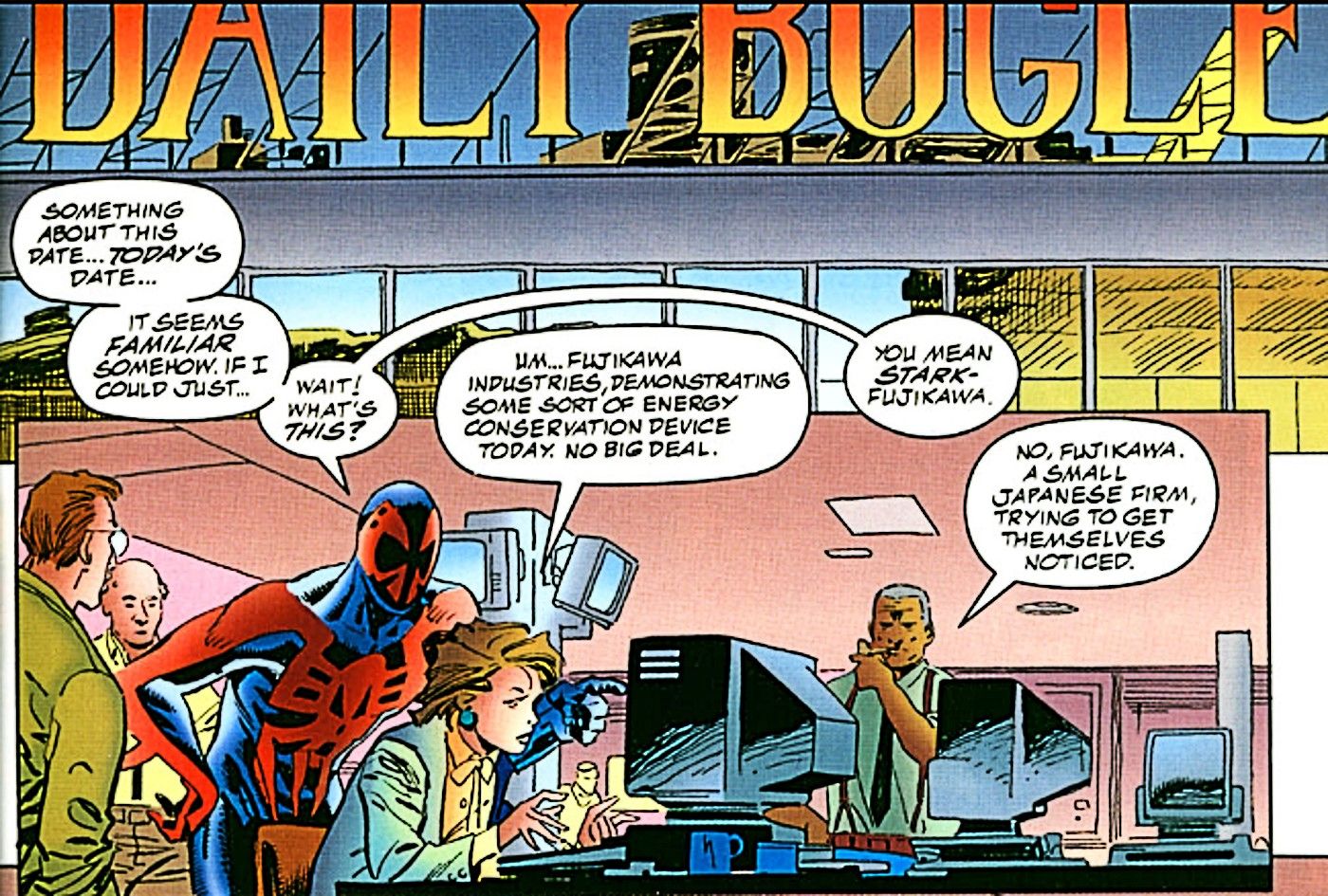 Miguel O'Hara visits the Daily Bugle in the past to find out what day it is