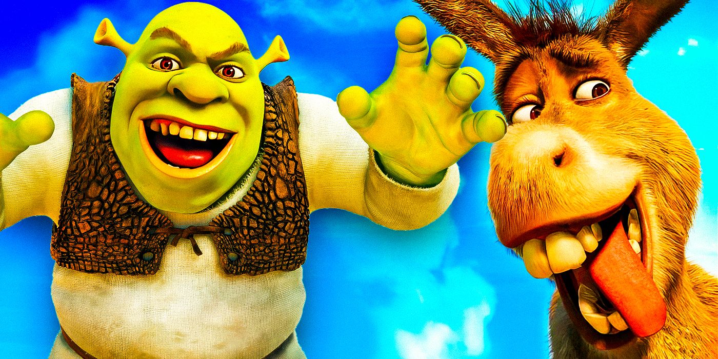 Shrek and Donkey are posing in front of a blue background. 