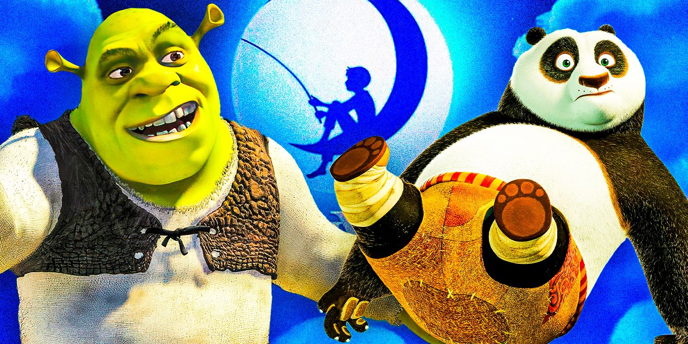 Mike Myers as Shrek from Shrek (2001) & Jack Black as Po from Kung Fu Panda (2008) in front of DreamWorks logo
