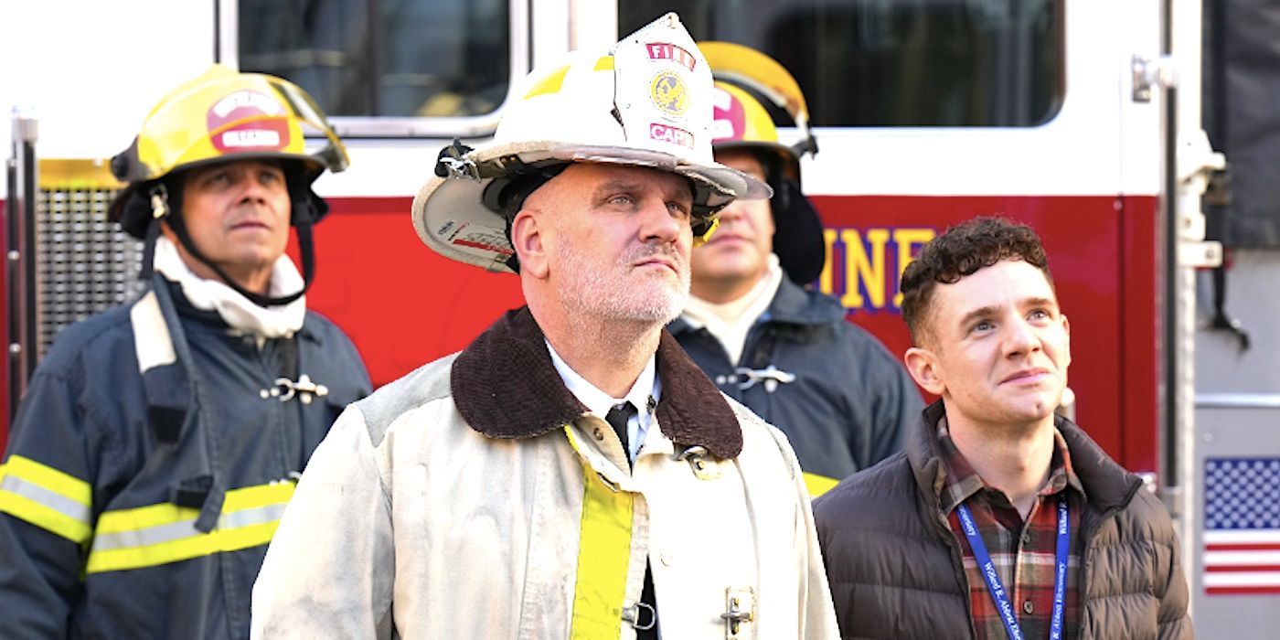 Mike O'Malley's firefighter, Jacob, and two other firefighters looking up in Abbott Elementary season 2-1