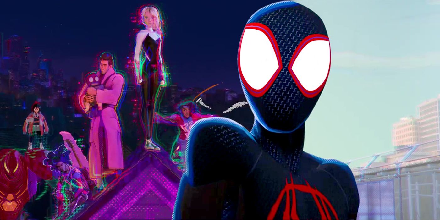 Miles looking at Gwen's Spider team in Spider-Man Across the Spider-Verse