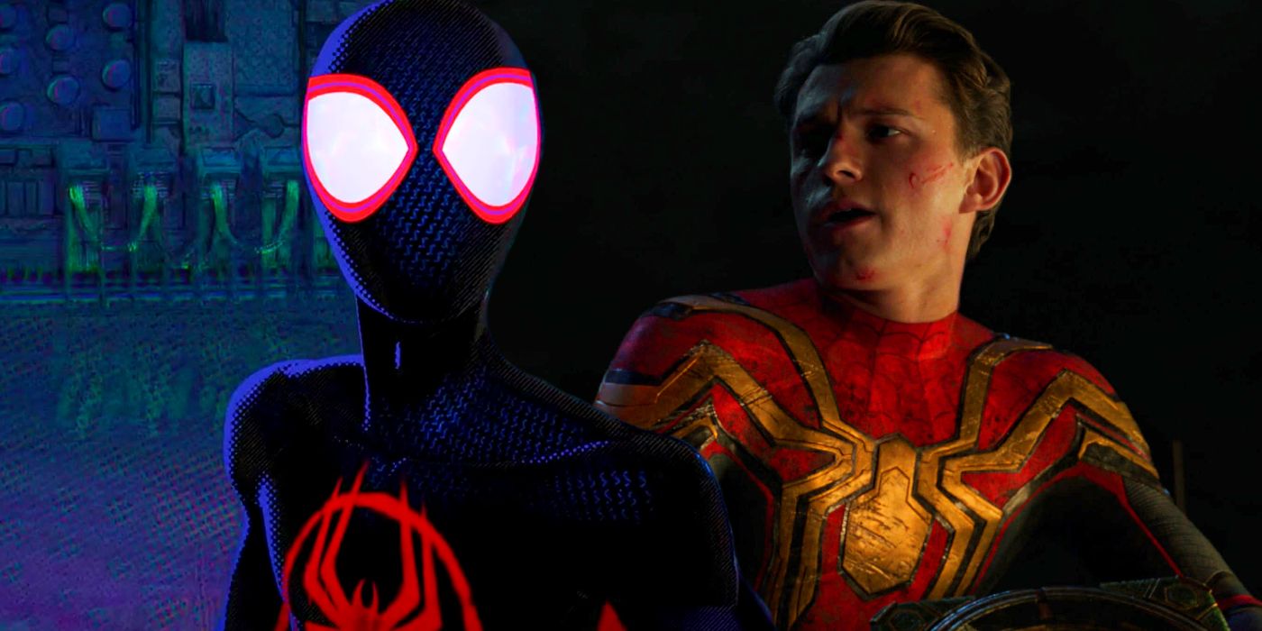 Miles Morales in Spider-Man Across The Spider-Verse and Peter Parker (Tom Holland) in Spider-Man No Way Home