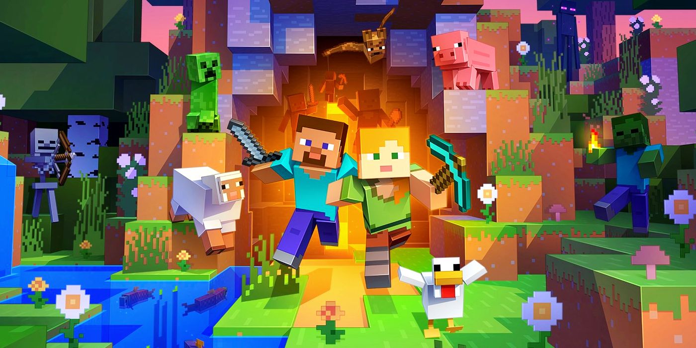 Steve and Alex, the default Minecraft skins, running out of a cave surrounded by enemies.