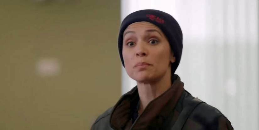 Miranda Rae Mayo as Stella Kidd looking surprised and amused in Chicago Fire season 12 episode 8