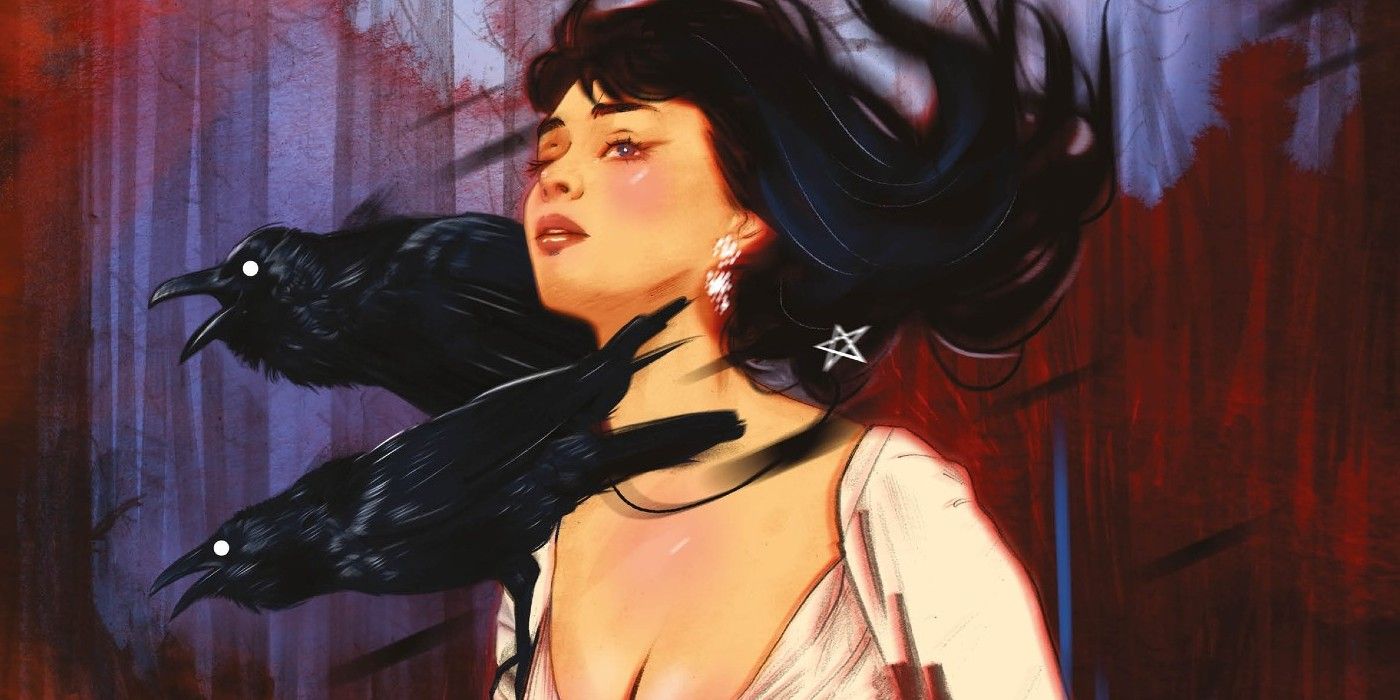Image of Misty surrounded by crows and wearing pentagram earrings.