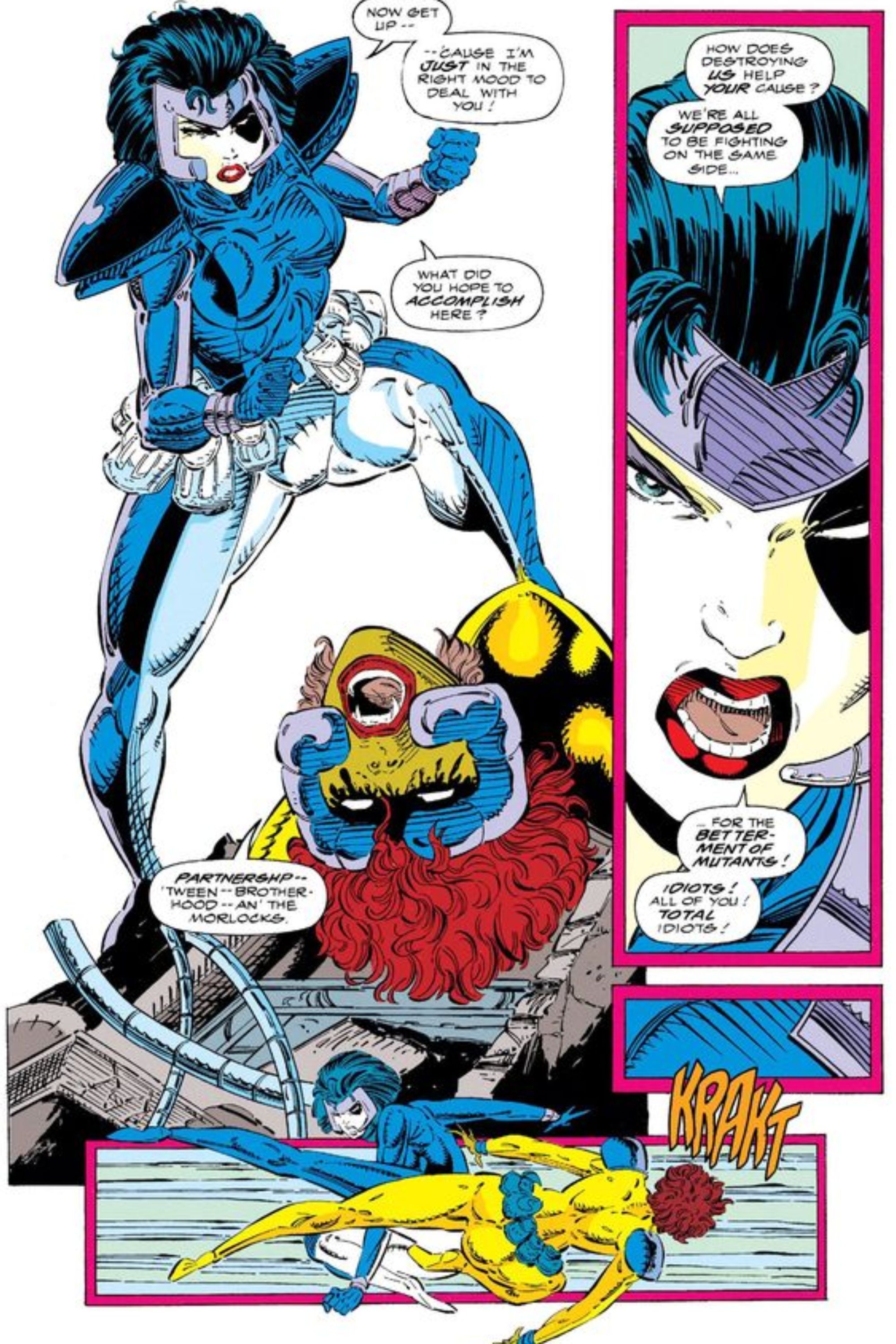 Copycat as Domino standing over someone in X-Force vol 1 #9.