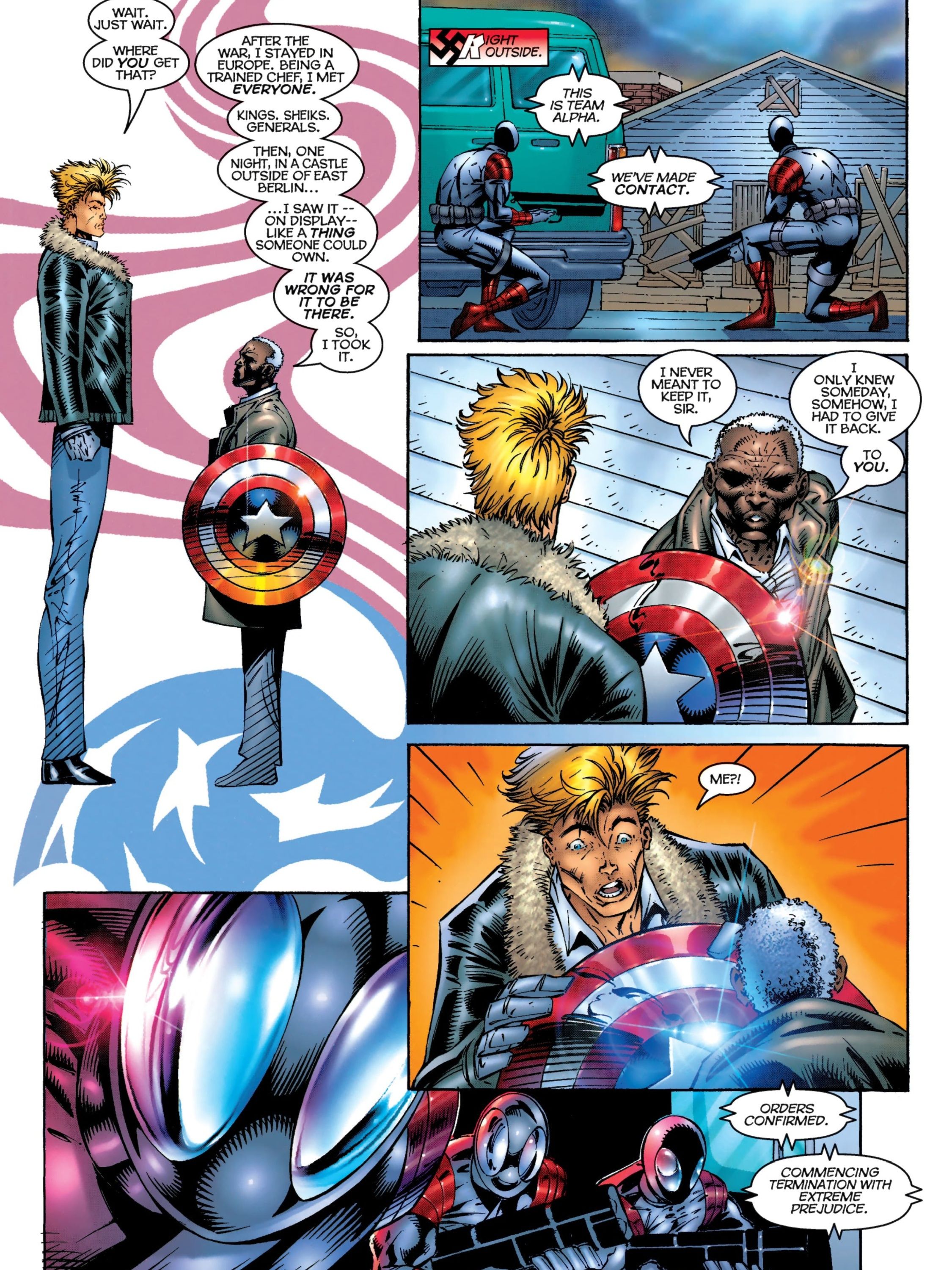 Captain America towering over someone in a Rob Liefeld comics illustration.