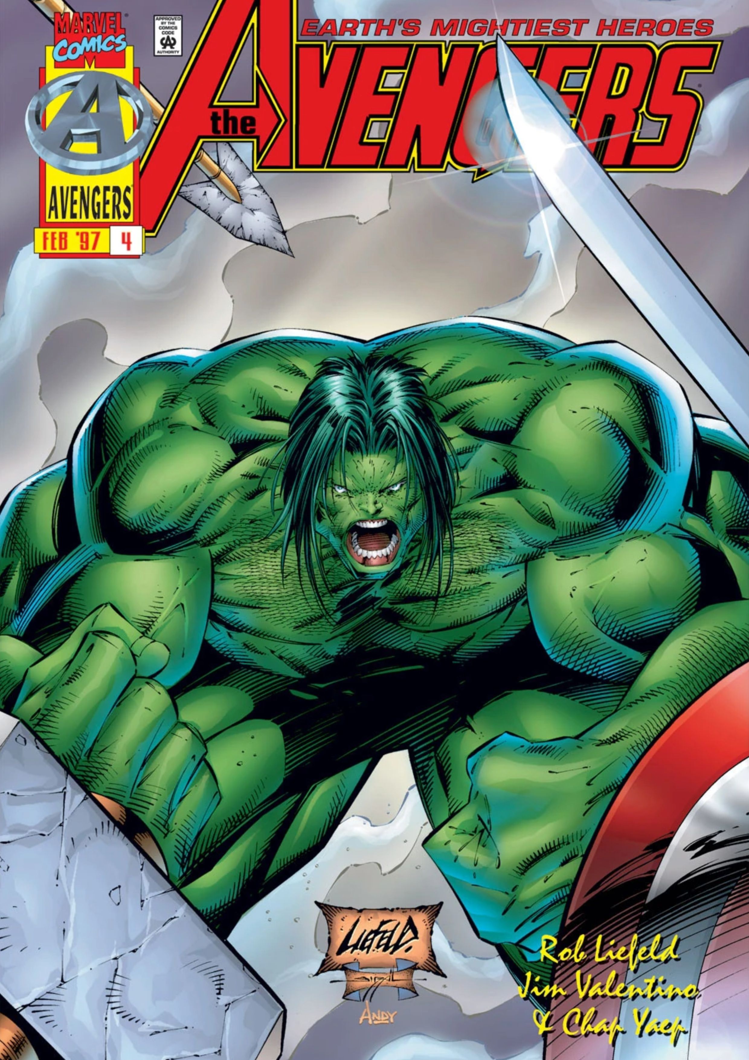 Hulk flexing in a Rob Liefeld cover for Avengers.