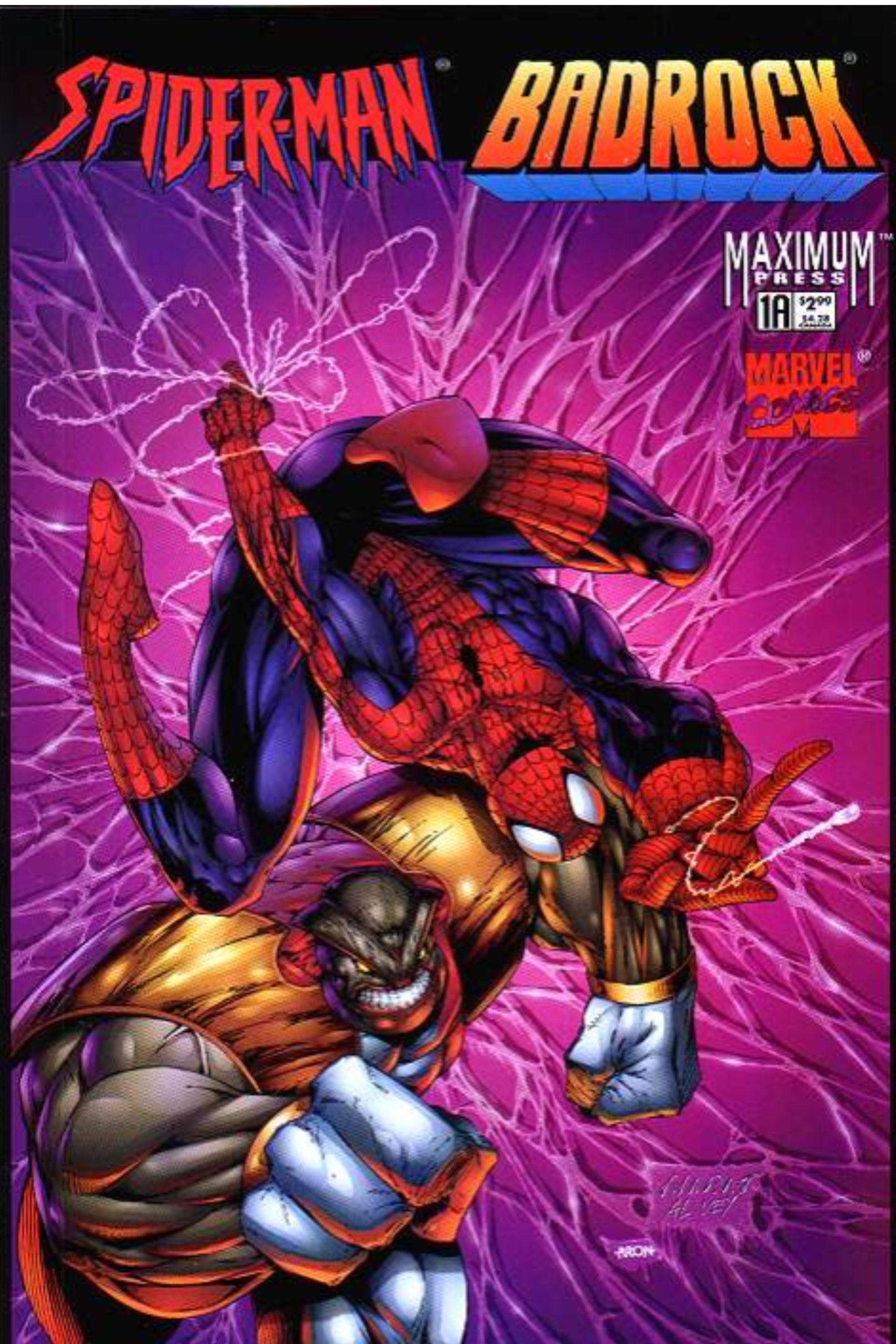 Spiderman fighting Badrock in front of a purple background In Spider-Man/Badrock