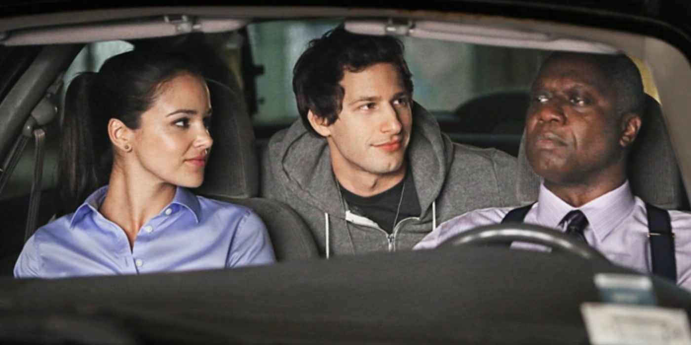 Jake e Amy em um carro com Holt no Brooklyn Nine-Nine