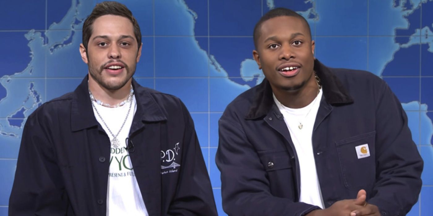 Devon Walker and Pete Davidson dressed similarly on SNL's Weekend Update