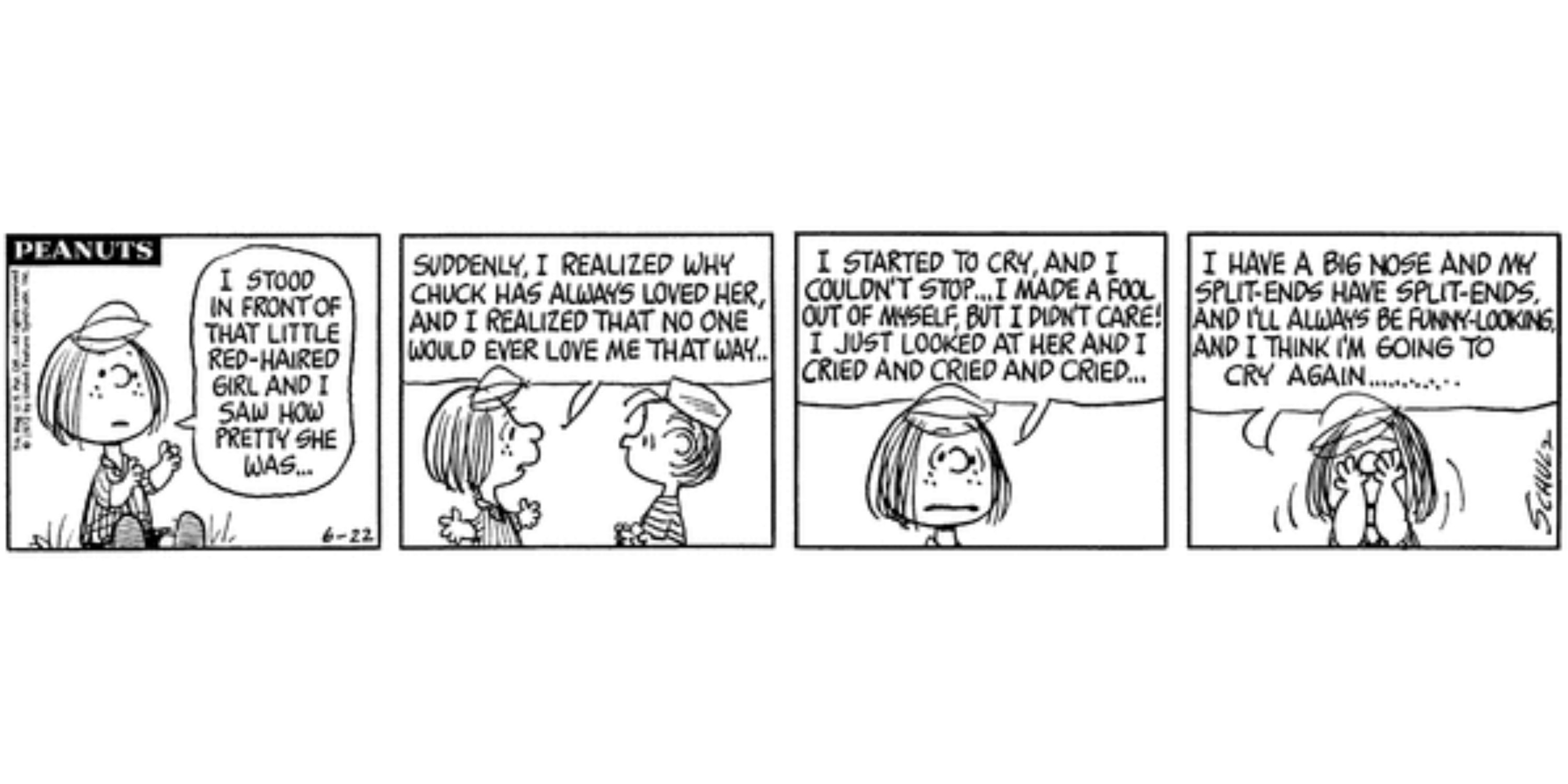 Peppermint Patty chorando para Linus em Peanuts.